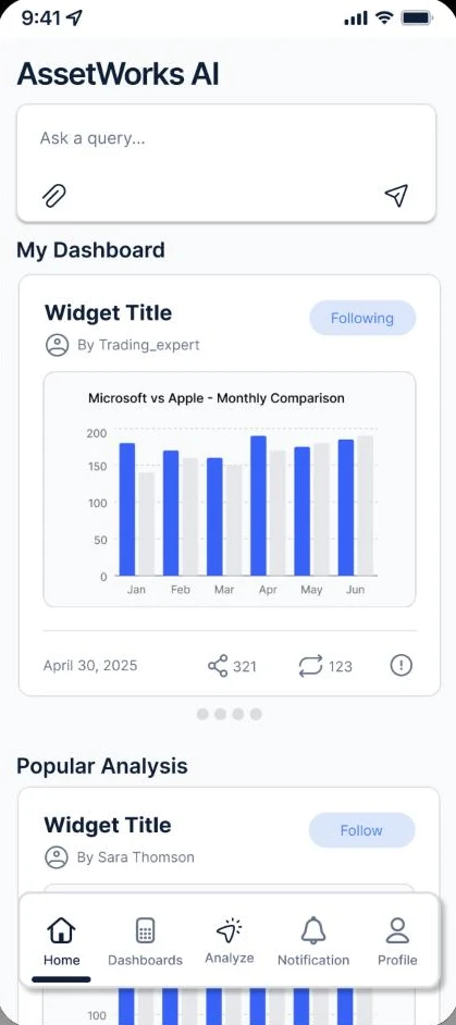 Home screen with a query box, My Dashboard of saved widgets and Popular Analysis from other users
